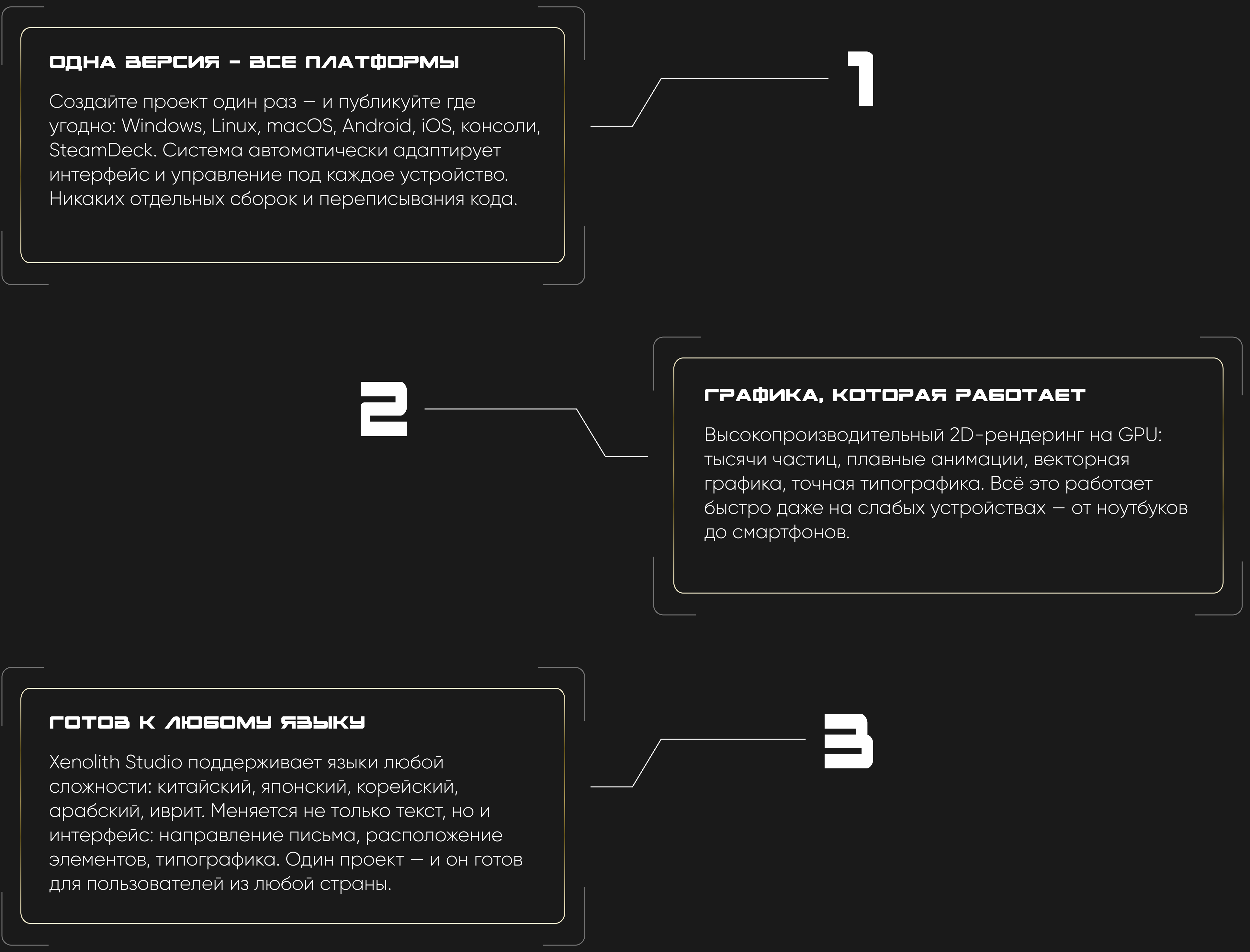 One version for every platform, GPU graphics even on weak devices, and support for any language, including writing direction.